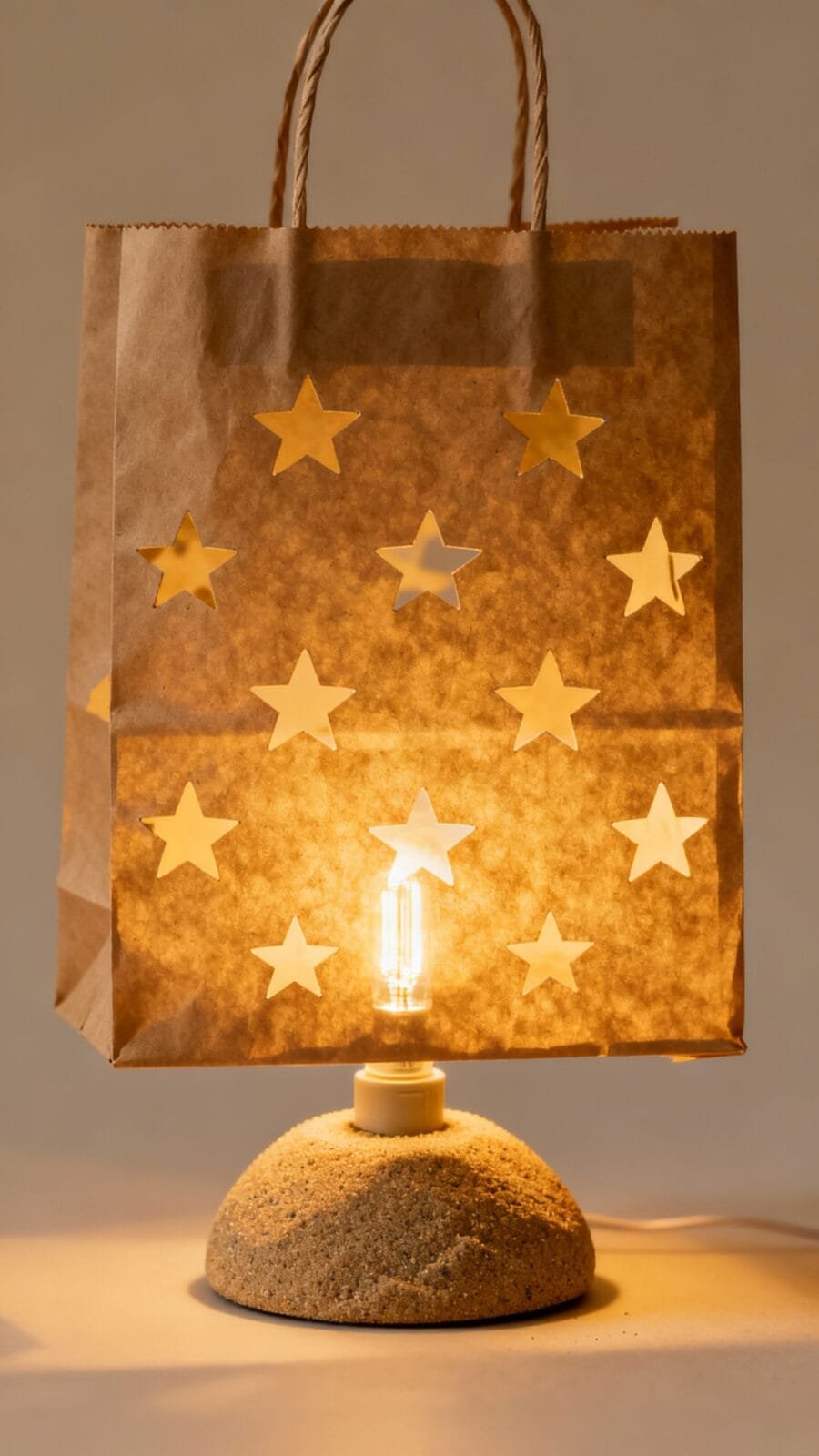 Kraft paper bag luminary with star punch holes, sand-weighted base, glowing LED
