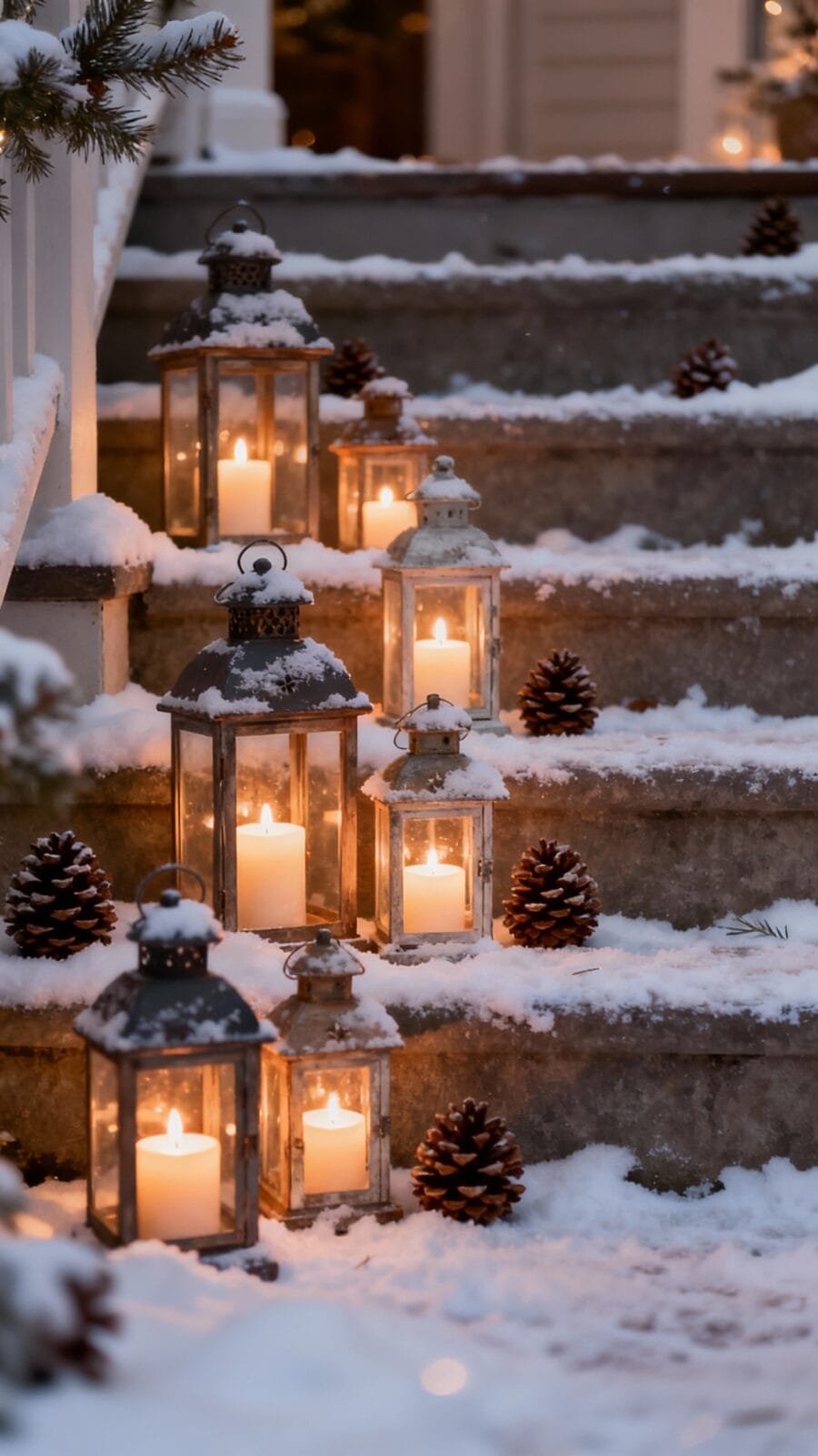 Lantern cluster on snowy steps, mixed heights, LED candles, pinecones, warm glow