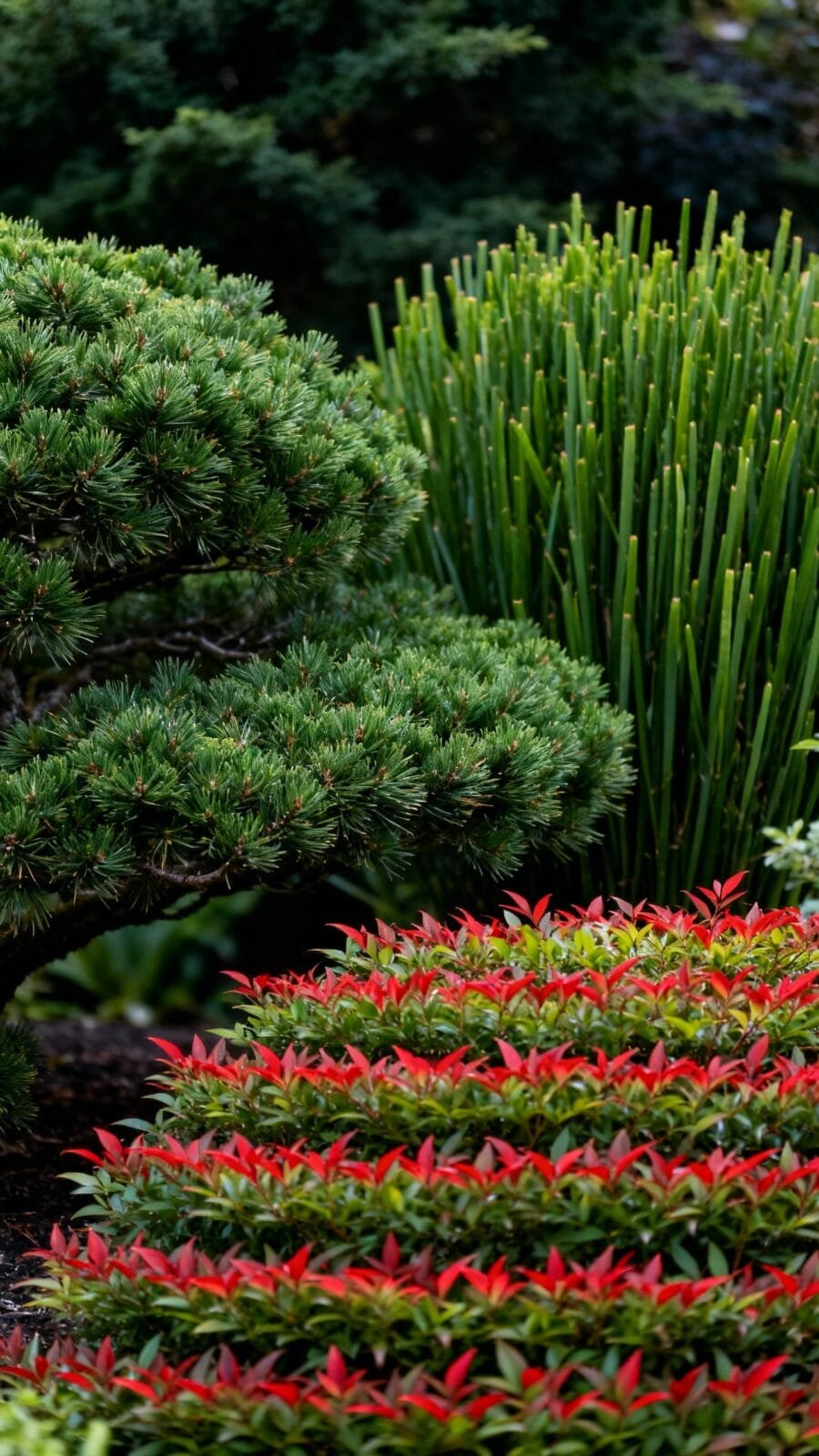Layered garden scene: mugo pine, narrow podocarpus, ‘Gulf Stream’ nandina