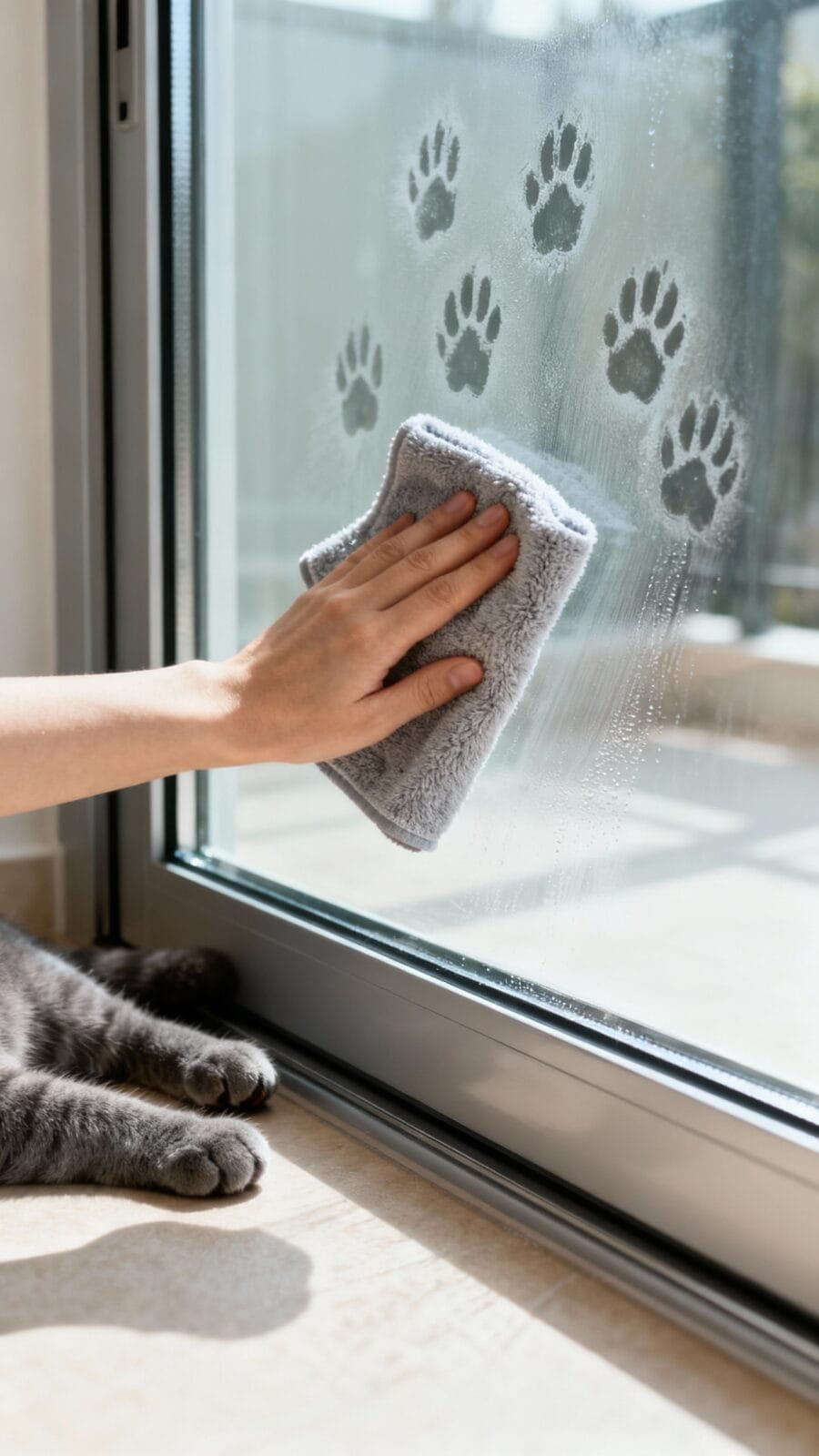Microfiber cloth wiping paw prints from glass sliding door, daylight, gray cat paws nearby, streak-f