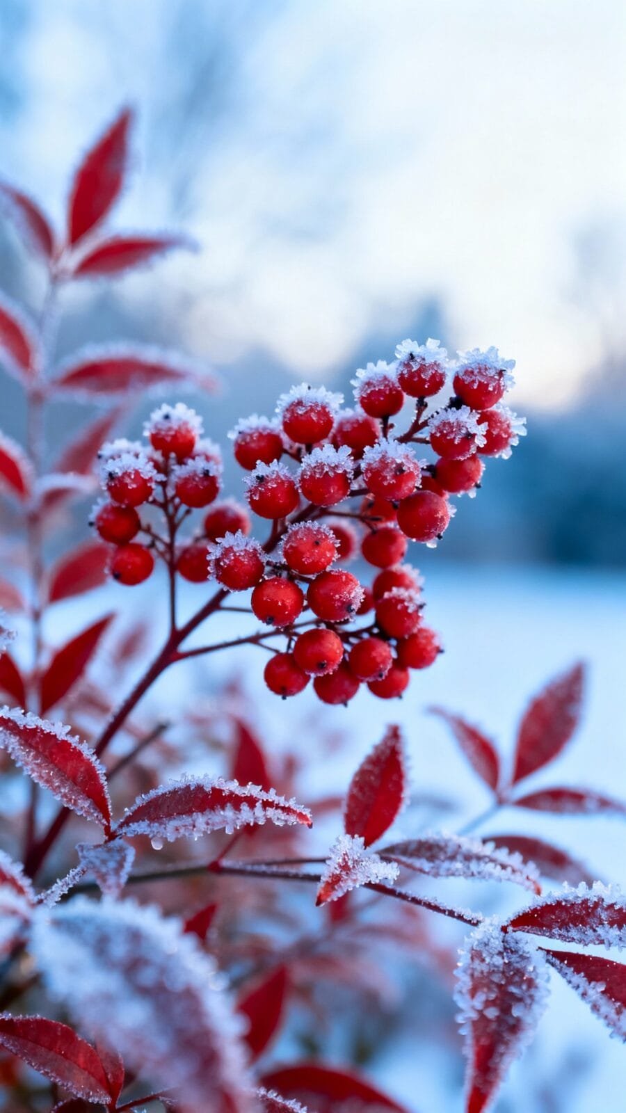 Nandina ‘Firepower’ winter berries cluster, red foliage, frost crystals