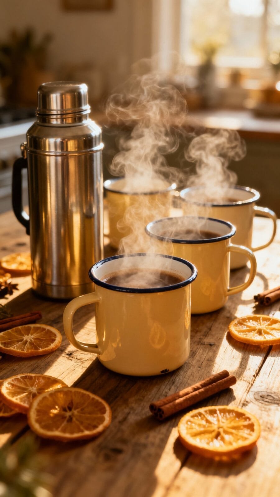 Tabletop hot drink station, enamel mugs steaming, thermos, dried oranges and cinnamon
