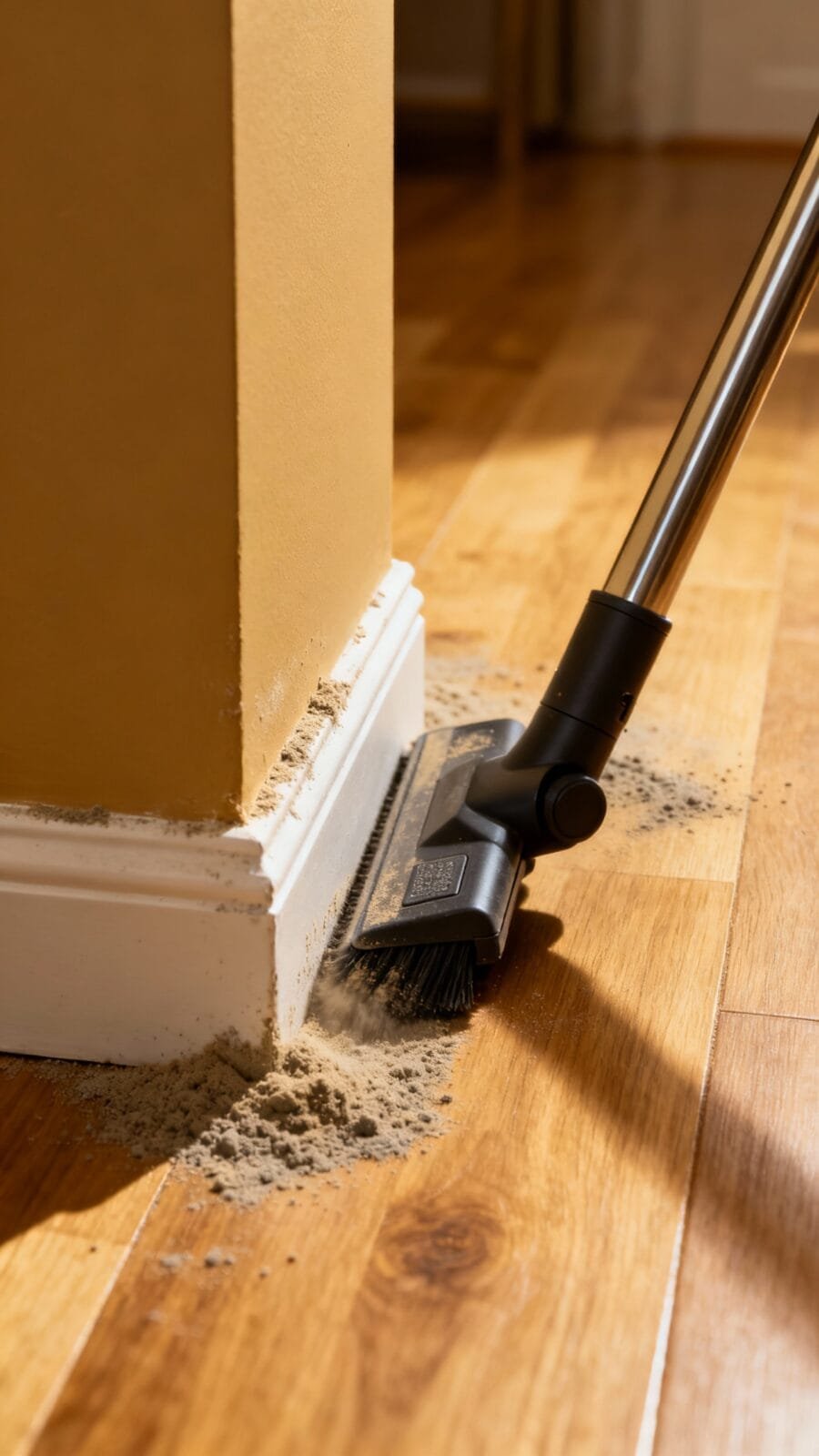 Vacuum crevice tool cleaning dusty baseboards and toe-kick, hardwood floor