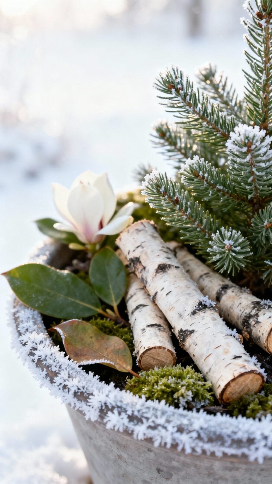 Winter planter with spruce tips, birch logs, magnolia leaves, moss, frost-kissed edges