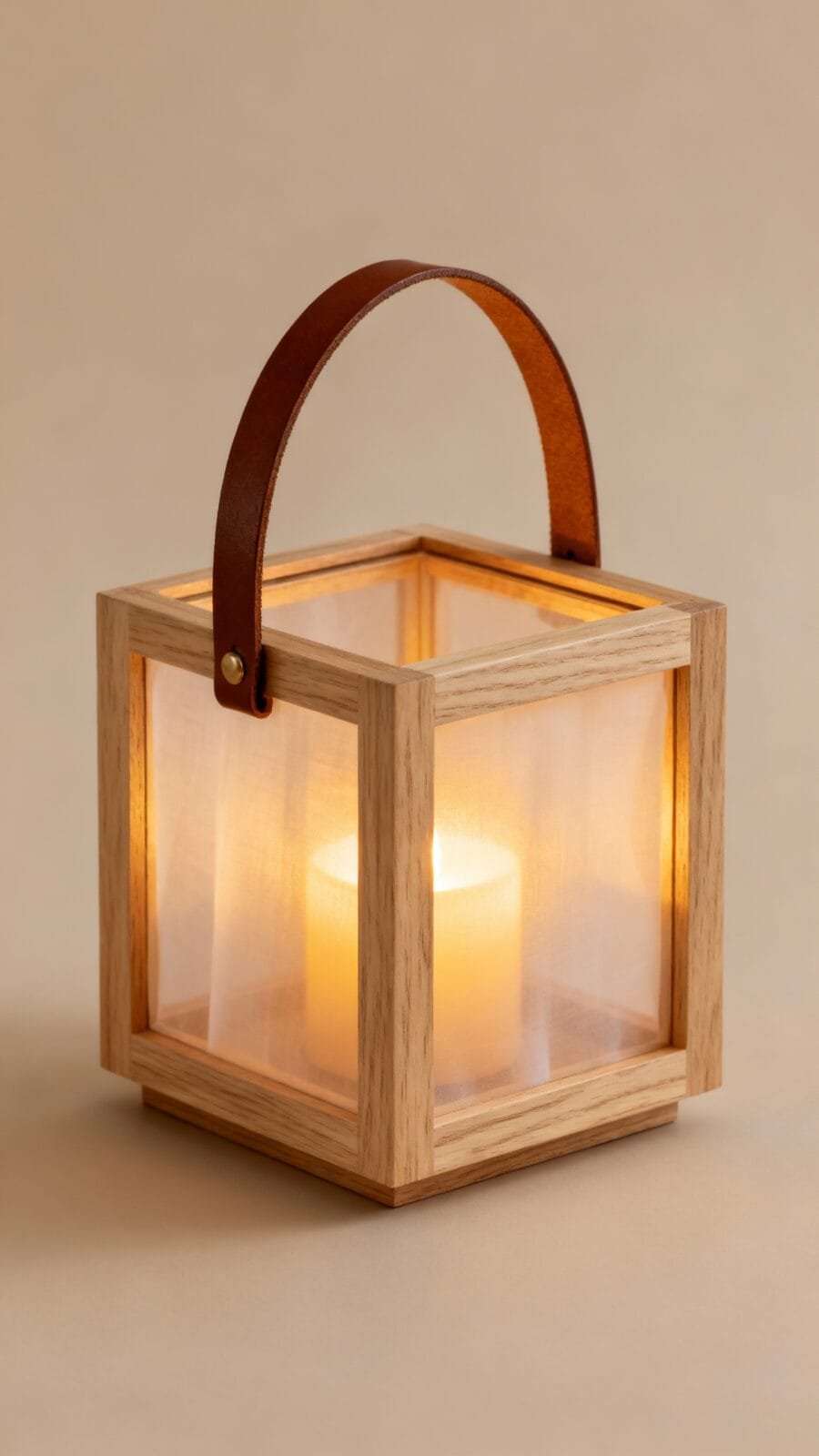 Wooden cube lantern with light oak stain, vellum panels, LED candle, leather strap handle