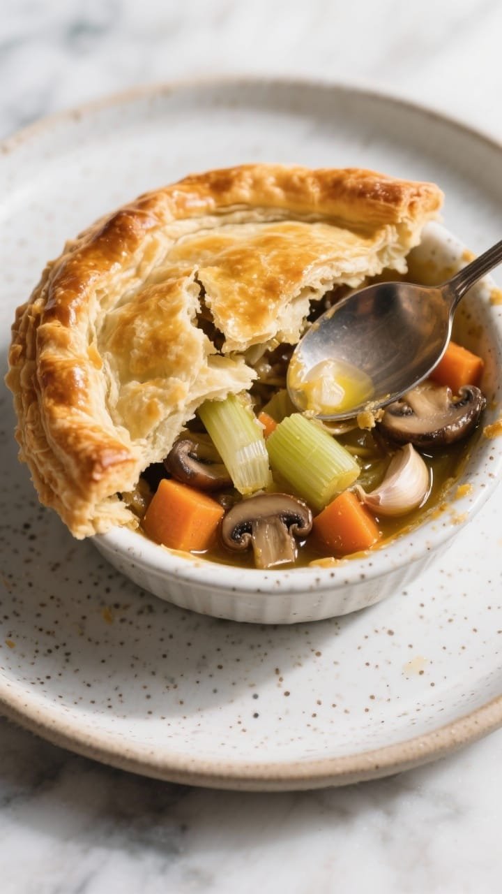 45-degree angle shot of an individual round pot pie capped with deeply golden, shattering puff pastry you can cut with a spoon. The filling shows sautéed leeks (or onion), diced carrots, sliced mushrooms, and garlic in a glossy sauce, olive oil sheen and a touch of butter richness. Spoon breaking into the pastry, flaky layers in focus, speckled ceramic dish on a marble surface, soft shadows for an elegant feel.