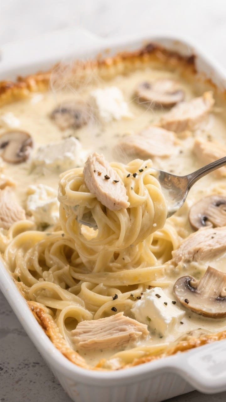 Close-up, comforting casserole scene of no-roux creamy pot pie noodles: wide egg noodles coated in a silky sauce made from chicken broth, softened cream cheese, and sour cream. Optional sliced mushrooms folded in, tender chicken pieces visible. The sauce clings luxuriously to the noodles, steam wafting, cracked pepper on top, served in a white baking dish with a serving spoon lifting a creamy tangle.