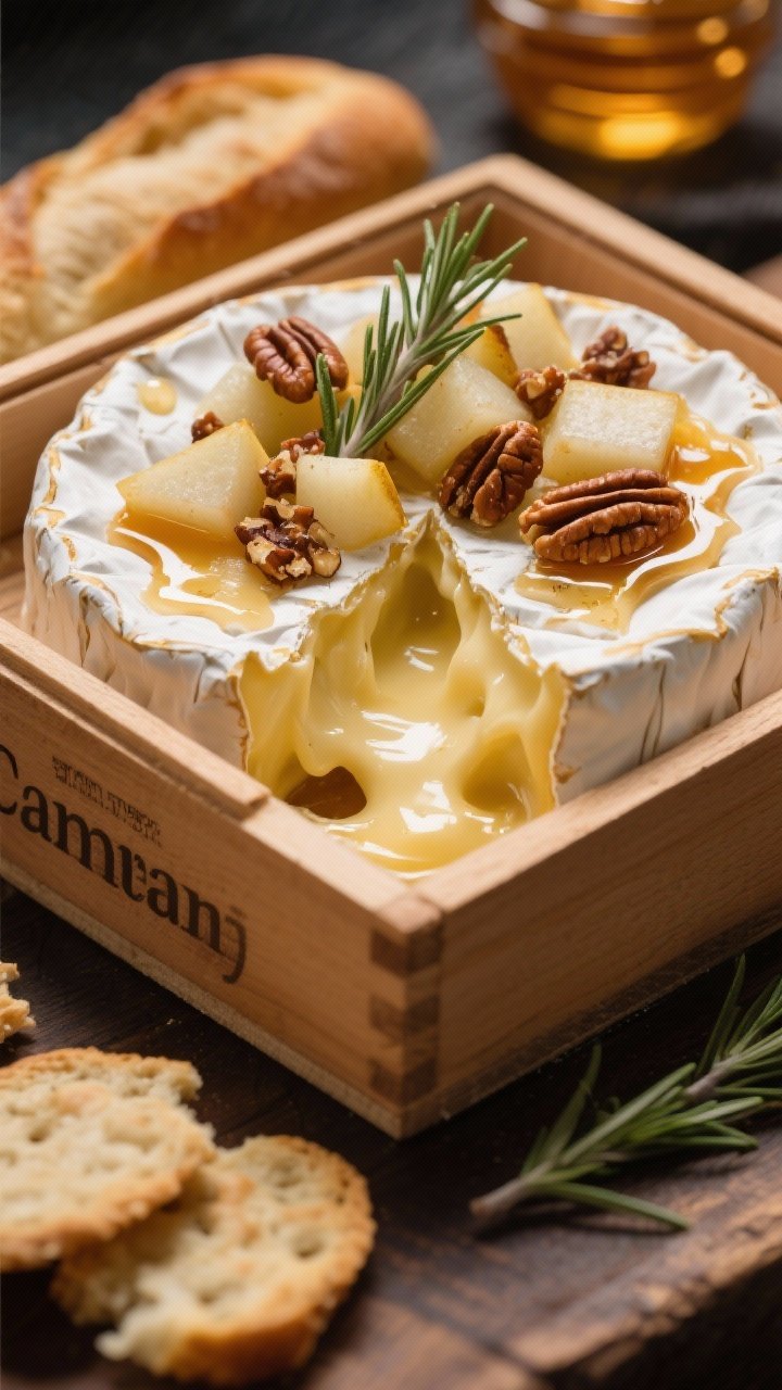 Close-up of baked Camembert in its wooden box, rind split to reveal molten center, topped with diced pear, chopped candied pecans, rosemary, and a drizzle of honey; crackers and baguette slices nearby; gooey cheese pull emphasized with warm, cozy lighting.