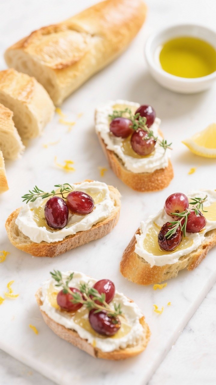 Overhead flat lay of herby whipped feta (feta blended with Greek yogurt and lemon) swooshed on crostini, topped with roasted blistered red grapes and fresh thyme leaves; golden baguette rounds, a small bowl of olive oil, and lemon zest scattered; bright, airy styling with white ceramic.