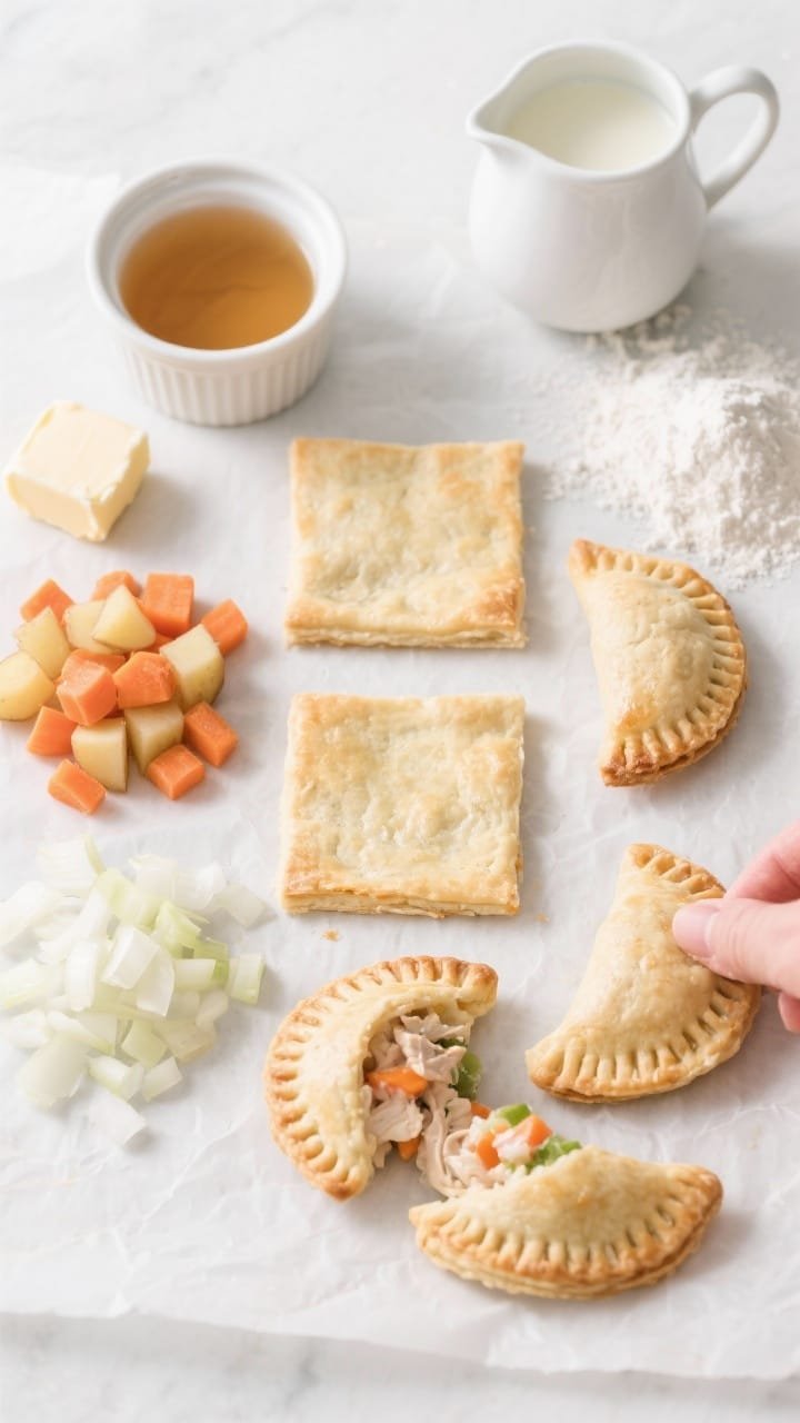 Overhead ingredient-prep flat lay for mini puff pastry hand pies: neat mounds of small-dice potatoes and carrots, minced onion, a pat of butter, a dusting of flour, a small pitcher of chicken broth, and a ramekin of cream/evaporated milk. Squares of puff pastry and a few formed hand pies on parchment, some crimped and vented, others still being filled with the creamy chicken-vegetable mixture. Clean, bright styling, minimal props.