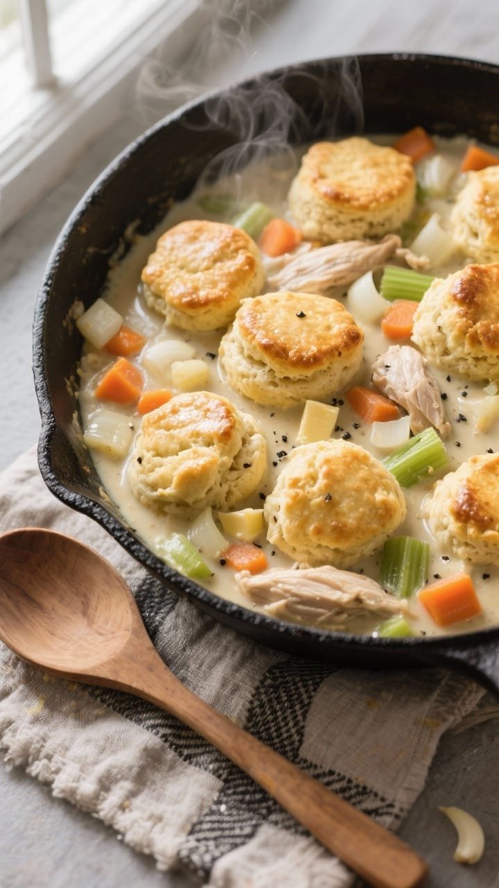 Overhead shot of a creamy weeknight skillet chicken pot pie simmering in a black cast-iron skillet, topped with golden-brown drop biscuits. Visible diced onion, carrots, and celery in a velvety sauce thickened with flour and low-sodium chicken broth, flecks of black pepper, and minced garlic peeking through. Steam rising, butter gloss on biscuits, rustic linen and a wooden spoon beside the skillet, cozy weeknight mood, natural window light.