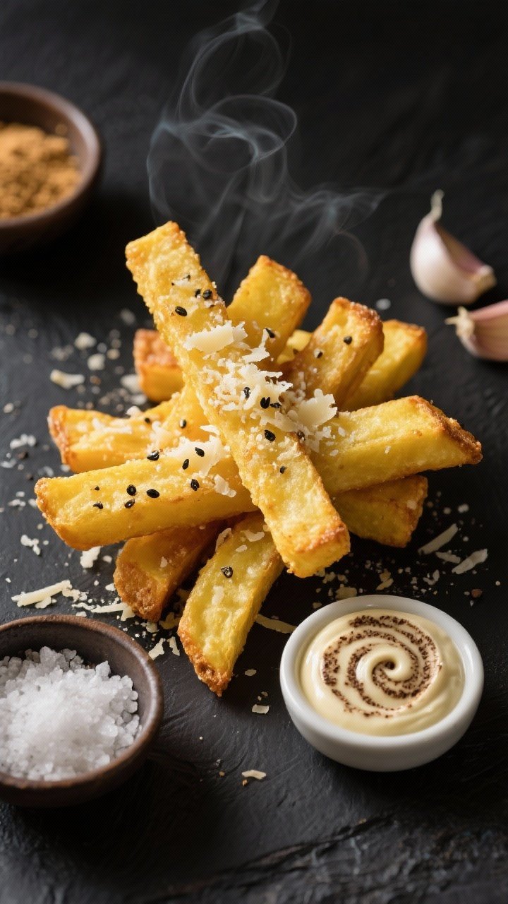 Overhead shot of crisp, golden polenta fries stacked in a crisscross, dusted with grated Parmesan and cracked black pepper; small bowl of truffle aioli with swirl pattern; coarse salt and garlic powder pinch bowls nearby; matte dark surface to highlight texture and steam.