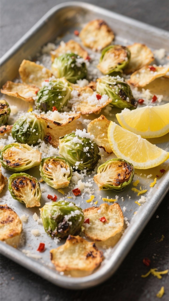 Overhead shot of crispy Brussels sprout chips scattered on a sheet pan, showered with “lemon-Parmesan snow” (finely grated Parmesan and lemon zest) and a pinch of red pepper flakes; lemon wedges to the side; charred edges visible, crunchy texture emphasized.