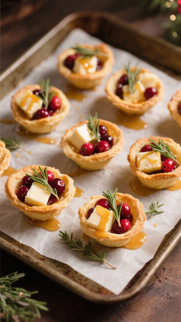Overhead shot of mini puff pastry cups filled with gooey Brie cubes and jeweled whole cranberry sauce, finished with a glossy honey-thyme drizzle and extra fresh thyme leaves, arranged on a parchment-lined baking sheet; warm holiday tones, crisp pastry layers, high contrast, shallow depth of field, professional studio lighting.