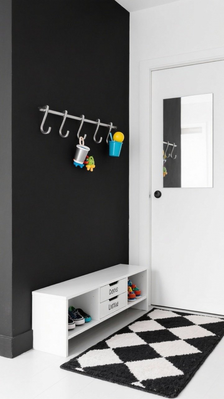 Straight-on medium shot, photorealistic: A monochrome modern entry corner in black and white with a bold checkerboard runner on the floor. A slim wall-mounted magnetic rail at kid height holds metal hooks and cups with small toys; below, a narrow white shoe cabinet with labeled drawers serves as toy storage. A frameless mirror reflects light; optional pop of cobalt or lemon in a cup or hook. Clean, sharp lines, bright even lighting, no people.