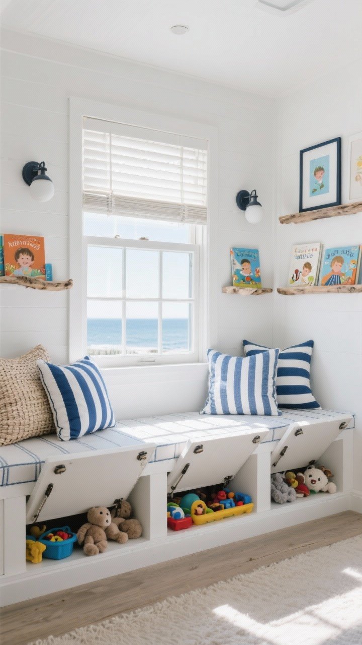 Wide shot, photorealistic: A coastal window seat built-in look with lift-up toy compartments under the bench, lids slightly ajar revealing plush toys. Blue-and-white ticking cushions and striped throw pillows, woven blinds filtering sunlight. On either side, open picture ledges display front-facing children’s books like art. Palette of white, navy, sky blue, and driftwood accents; include subtle nautical sconces. Bright, breezy daylight, relaxed mood.