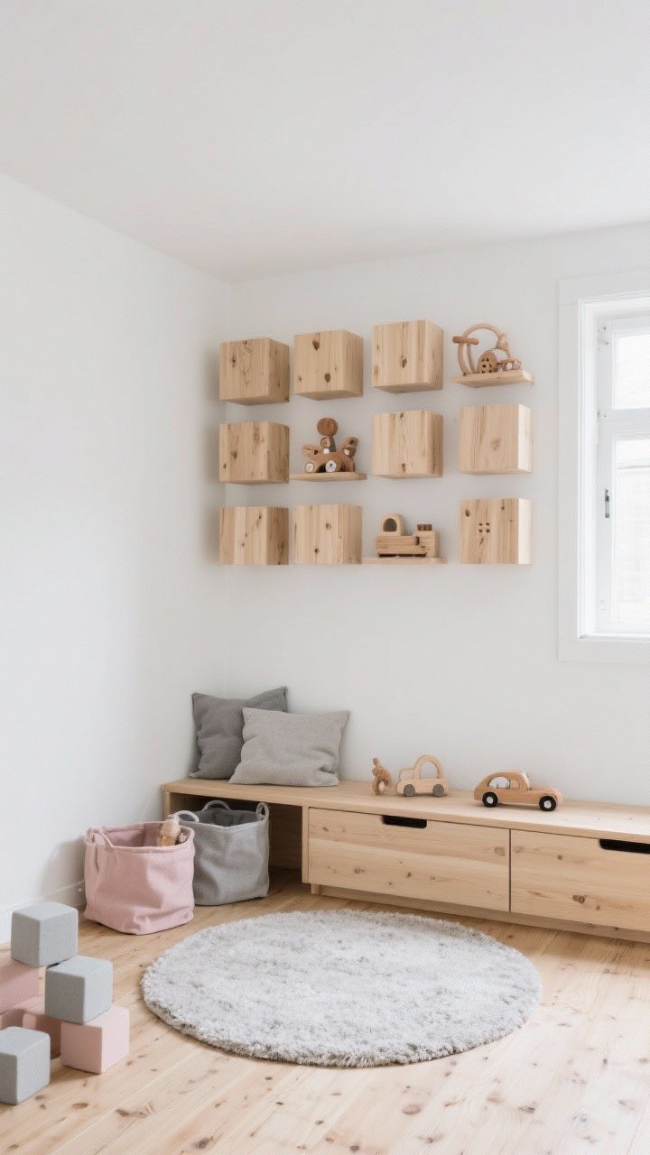 Wide shot, photorealistic: A Scandinavian play nook with white walls and pale oak tones, featuring a full wall of floating oak cube shelves arranged in a tidy grid displaying curated wooden toys and pretty sets up high; below, a slim oak bench with hidden drawers anchors the nook. Soft gray textiles, a round wool rug on light wood floors, and canvas bins in muted blush, oat, and misty gray corral blocks and cars. Soft natural daylight, airy and calm mood, straight-on view, no people.
