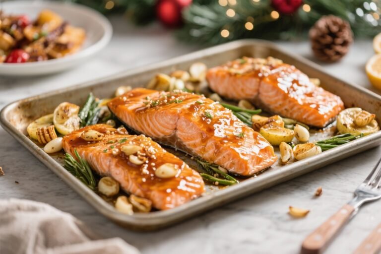 Honey Garlic Glazed Salmon Sheet Pan Dinner (Light Christmas Main Course) – Easy, Festive, and Fresh