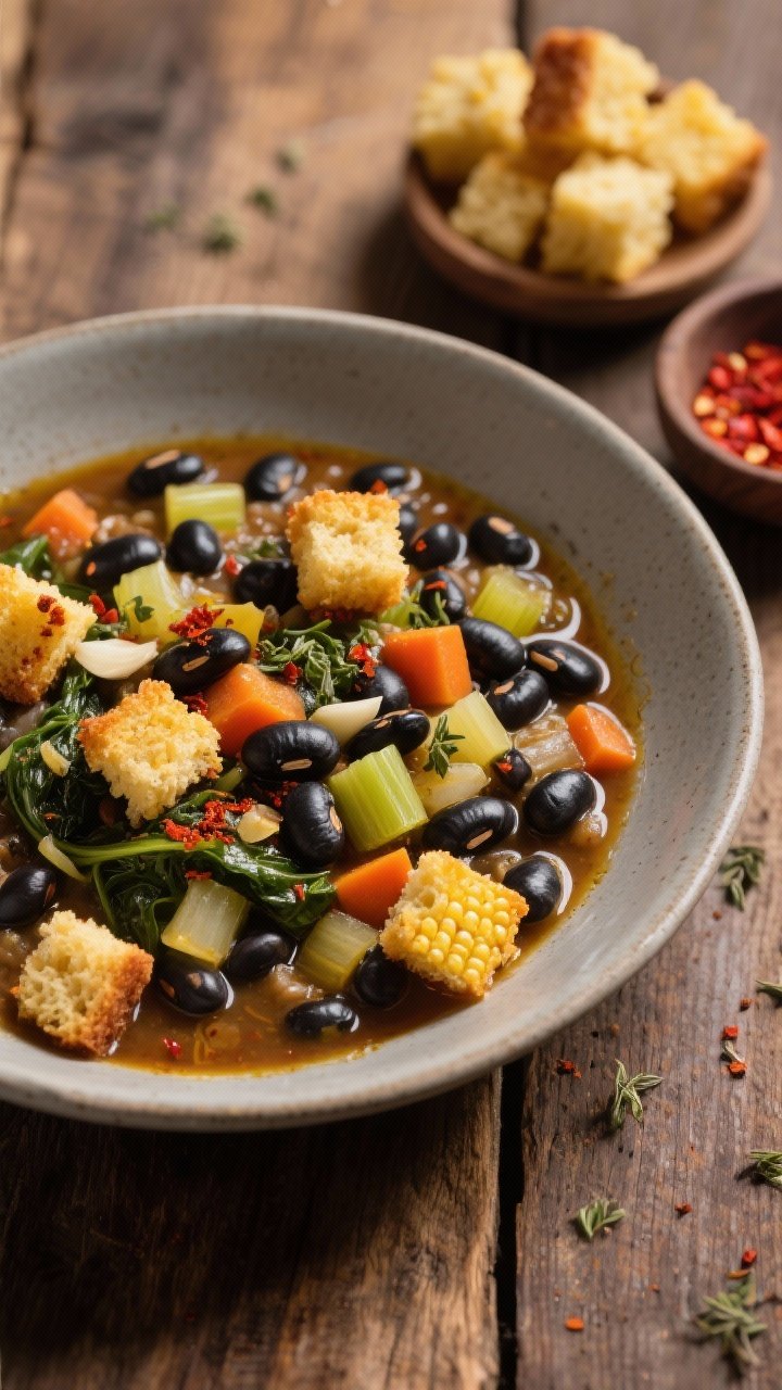 45-degree angle bowl shot of a hearty black-eyed pea and greens stew: tender black-eyed peas simmered with diced yellow onion, celery, carrots, and minced garlic, seasoned with smoked paprika, dried oregano, and a pinch of red pepper, swirled olive oil sheen on top. Garnished with crunchy golden cornbread croutons scattered over the surface. Warm, cozy mood, served in a matte ceramic bowl on a rustic wood table with a side dish of extra cornbread cubes and a pinch bowl of red pepper flakes.