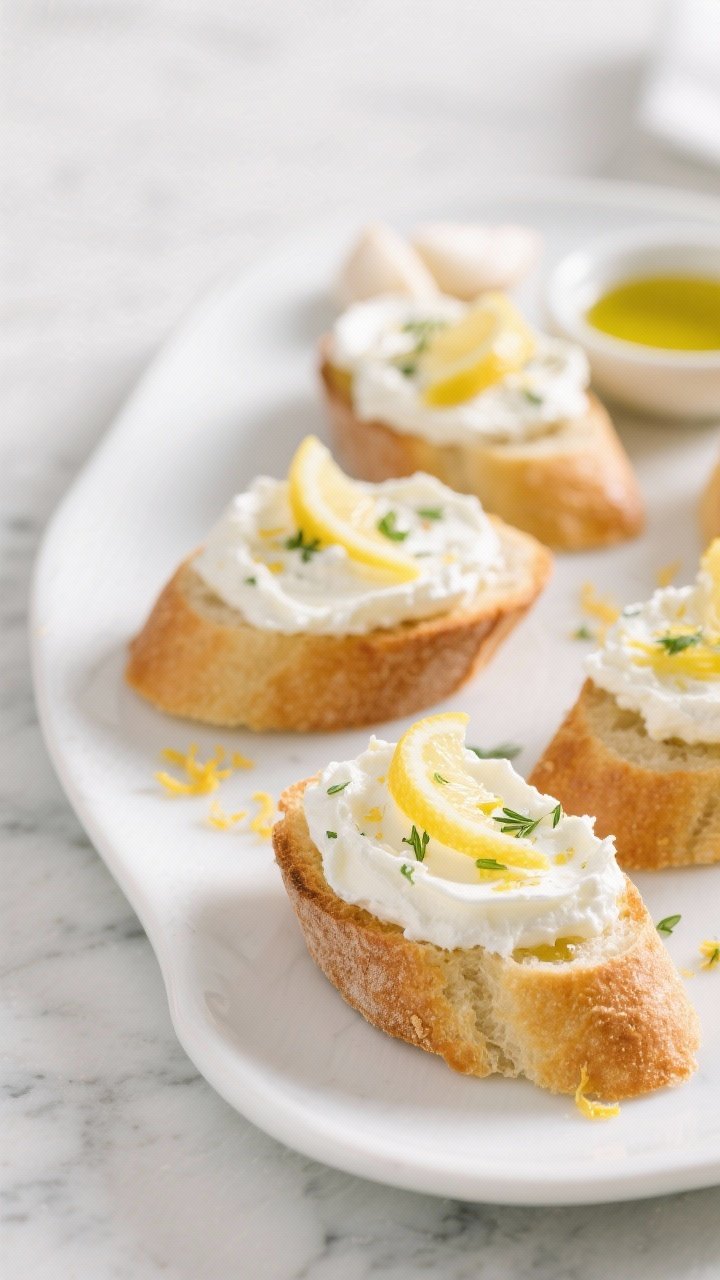 45-degree angle plated shot of no-blend whipped ricotta crostini: golden toasted baguette rounds brushed with olive oil, topped with cloudlike whole-milk ricotta, bright lemon zest curls, a whisper of lemon juice, and herby olive oil flecked with minced garlic; arranged on a white ceramic platter with extra lemon zest and a small dish of olive oil, clean bright daylight on a marble surface for a fresh, minimalist look.