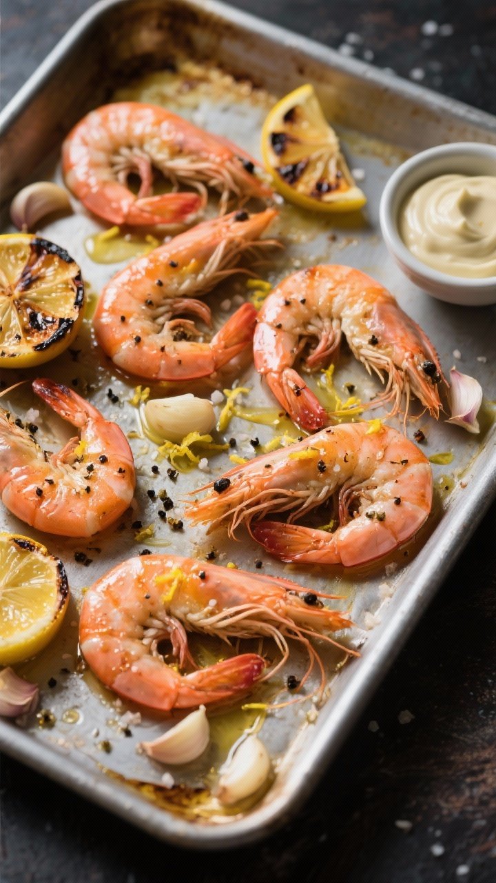 45-degree angle sheet-pan scene of lemon pepper shrimp: large shrimp (tails on) roasted and glistening with olive oil, lemon zest and juice, kosher salt, and freshly cracked black pepper; charred lemon halves on the pan, scattered garlic for aroma, with a small bowl of creamy garlic aioli on the side for dipping; crisp, high-contrast lighting to highlight pink shrimp and coarse pepper flecks.