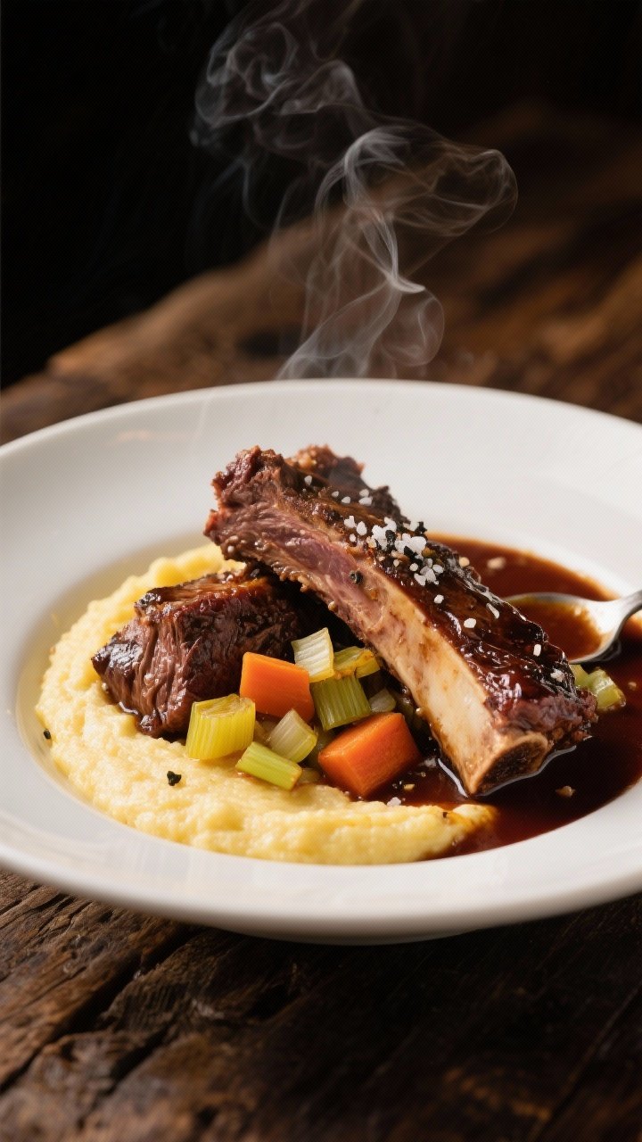 A 45-degree plated shot of slow-braised bone-in beef short ribs nestled over creamy garlicky polenta, the meat glistening and pulling apart, with visible chopped yellow onion, carrots, and celery from the braise, a rich mahogany pan sauce spooned over, and a sprinkle of kosher salt and cracked black pepper; served in a wide shallow white bowl on a rustic wooden table, warm moody lighting, steam rising, high detail showing the buttery texture of the polenta and the lacquered short rib exterior.