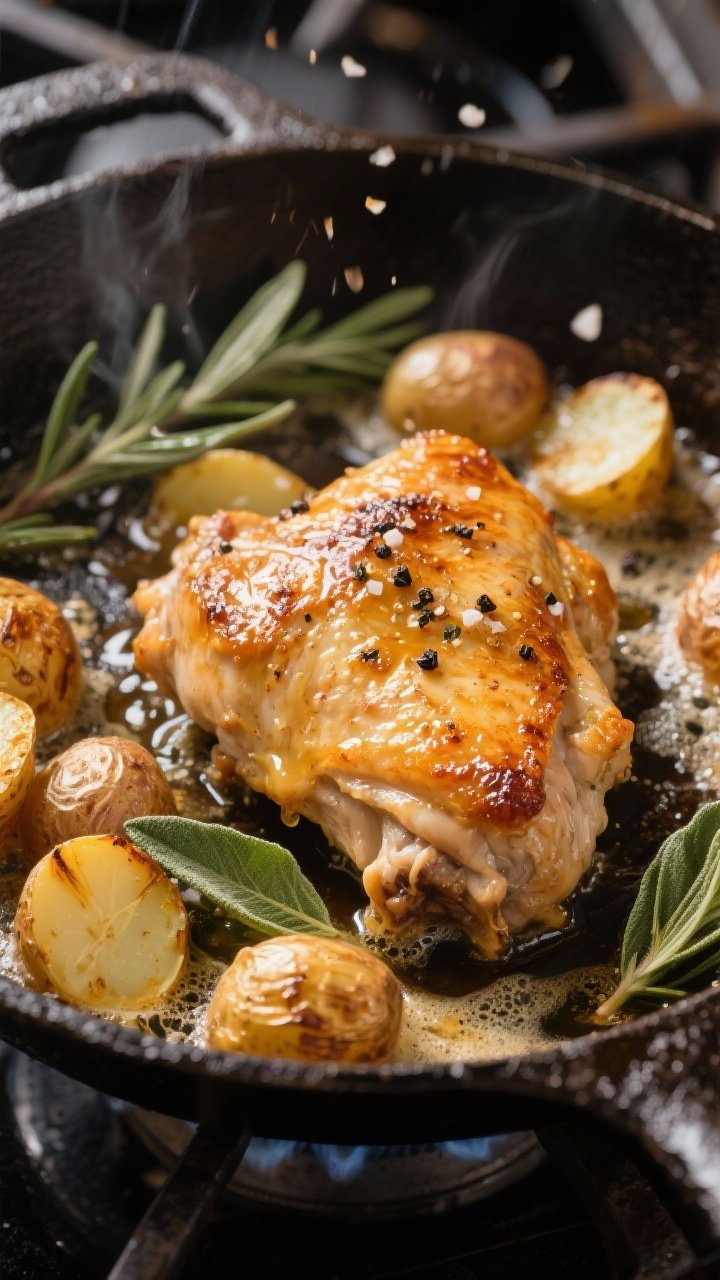 A close-up skillet action shot: bone-in, skin-on chicken thighs searing in brown butter with crackling golden skin, halved baby potatoes turning crisp and blistered around the edges, fresh sage leaves sizzling in the foamy butter; visible kosher salt and black pepper seasoning on the chicken, taken at a 45-degree angle in a cast-iron pan on the stovetop, with warm highlights capturing the nutty brown-butter gloss.