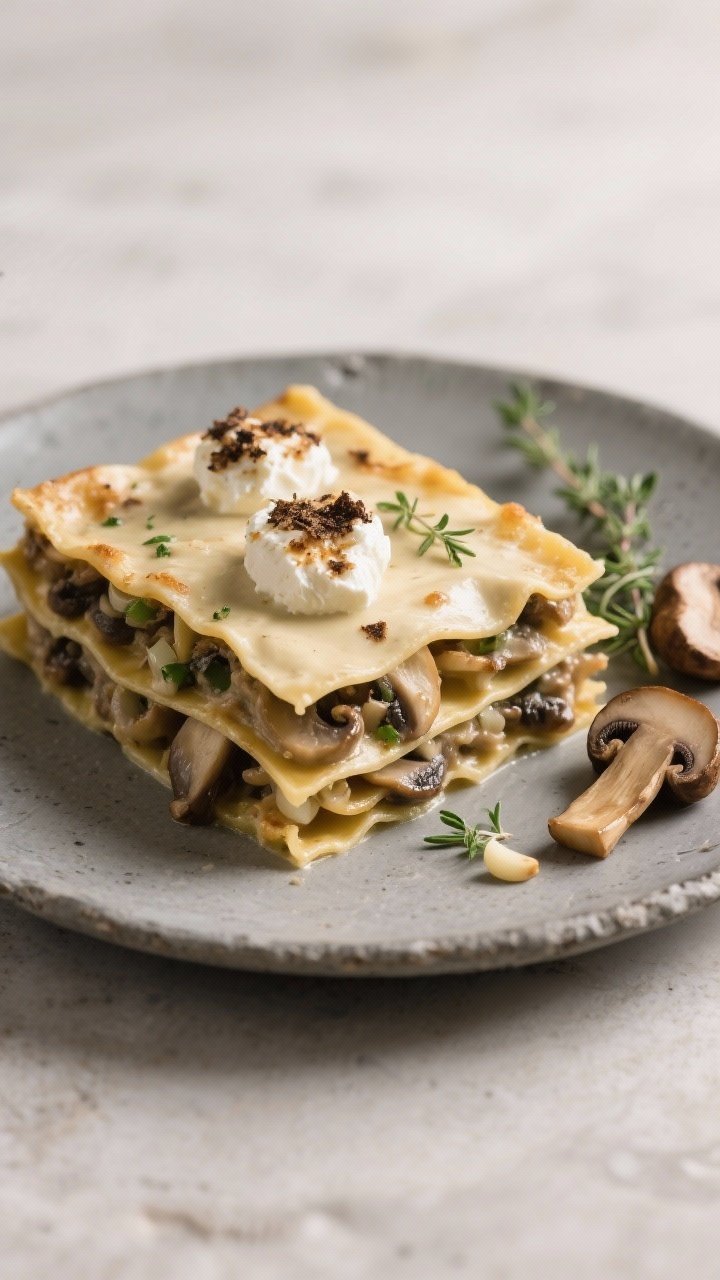 A straight-on plated slice of creamy wild mushroom lasagna: distinct layers of pasta with a luxurious mushroom filling featuring cremini, shiitake, and oyster slices, flecks of minced shallot, garlic, and fresh thyme in a velvety sauce, topped with truffle-scented ricotta dollops slightly bronzed; set on a matte stone plate with a few sautéed mushroom caps and thyme sprigs on the side, soft diffused light emphasizing creaminess and earthy tones.