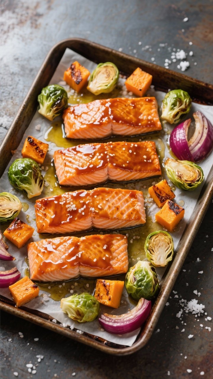 An overhead final-dish presentation of maple-bourbon glazed salmon: four caramelized, skin-on fillets lacquered with a sticky amber glaze, surrounded by roasted Brussels sprouts, butternut squash cubes, and red onion wedges, lightly charred edges and sea-salt crystals visible; arranged on a parchment-lined sheet pan with a sheen of olive oil, vibrant winter colors popping against a dark metal background, crisp and appetizing.