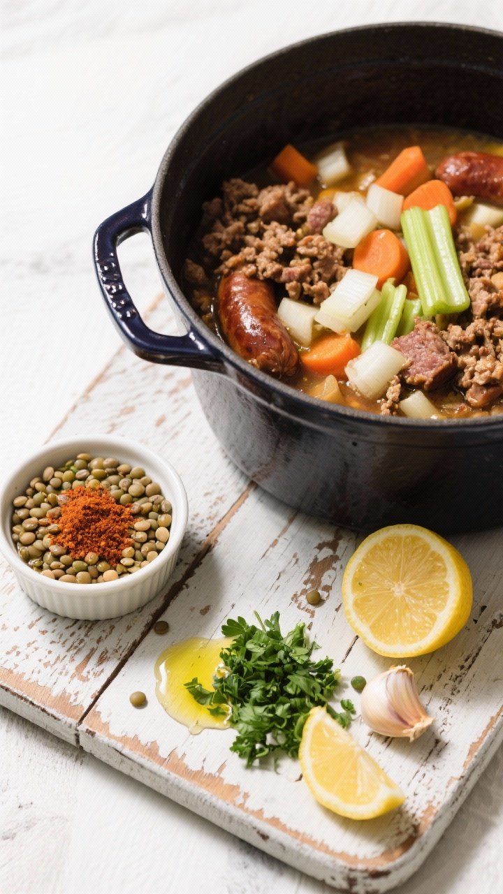 An overhead ingredient-and-prep scene for a lucky lentil and sausage stew: a dark enamel Dutch oven with crumbled Italian sausage just browned alongside diced onion, carrots, and celery, minced garlic and a dusting of smoked paprika visible on a small pinch bowl; dry lentils measured in a ramekin, lemon, parsley, and garlic gathered for the lemon gremolata; drizzles of olive oil on a worn wooden board, clean, bright styling that hints at hearty comfort.