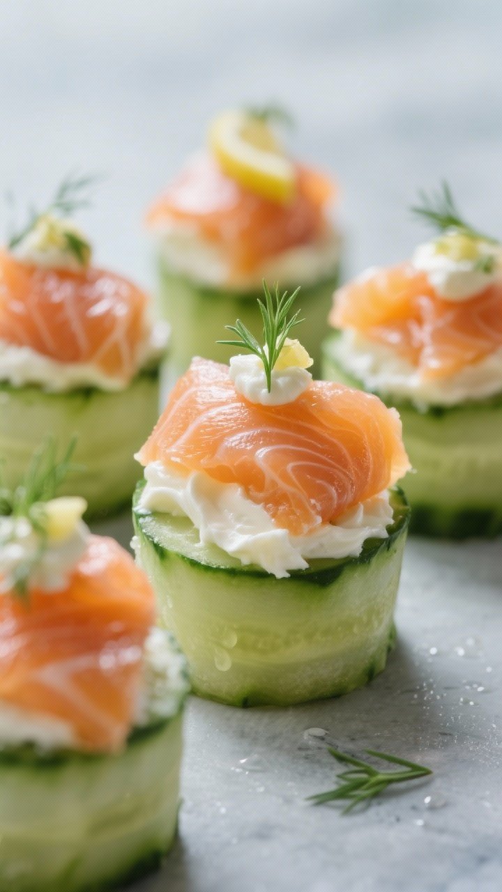 Close-up macro of five-minute smoked salmon “sushi” cucumber bites: thick English cucumber rounds topped with a swirl of softened cream cheese, silky slices of cold-smoked salmon folded on top, tiny dot of prepared horseradish and a squeeze of lemon juice glistening; cool-toned background, precise focus on the salmon’s marbling and cucumber’s watery crunch, garnished with micro-dill for color pop.