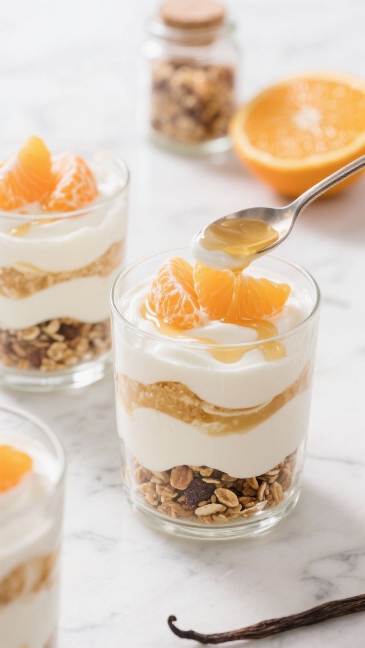 Close-up parfait layering shot: Greek yogurt swirled with honey (or maple syrup) and vanilla, spooning into clear glasses with visible ribbons of maple granola between layers, topped with juicy segments of oranges/clementines and a light drizzle of honey. Bright, clean morning light, white marble surface, a small jar of granola and a cut orange in the background, focus on creamy texture, crunchy granola, and glistening citrus.