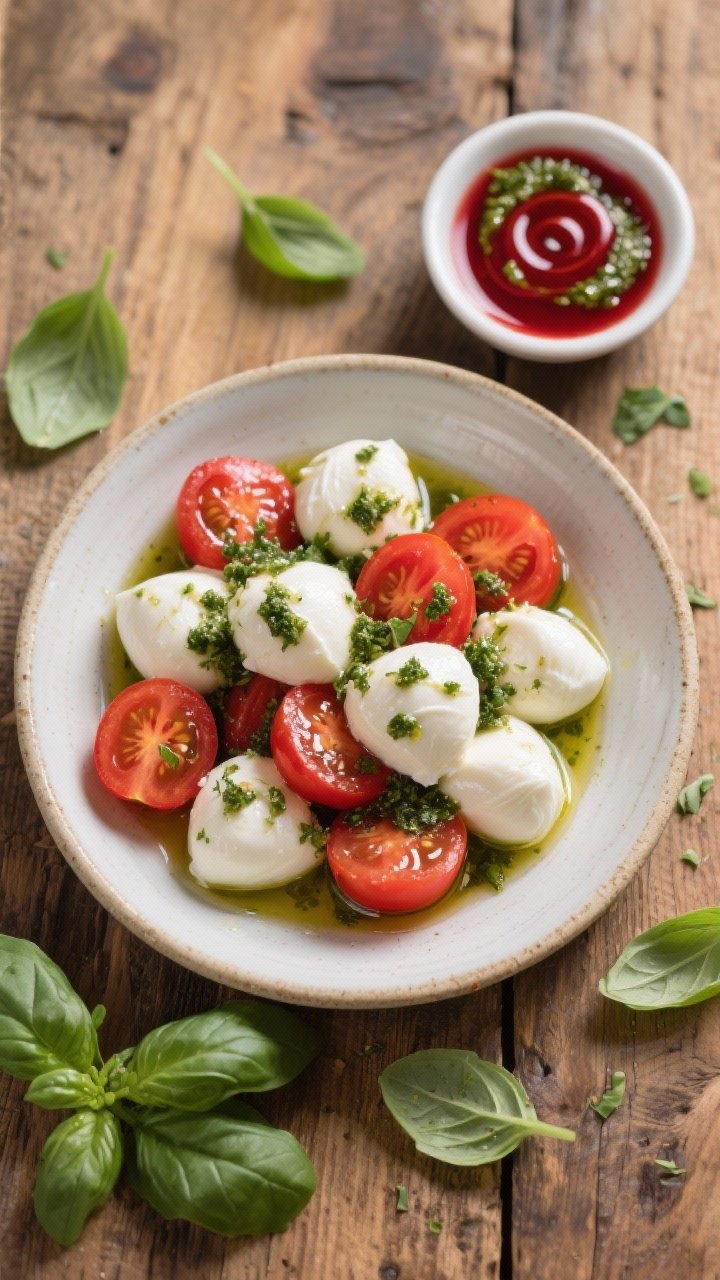 Ingredient-forward overhead flat lay of marinated mozzarella balls (ciliegine) and halved cherry tomatoes: glossy white mozzarella tossed with basil pesto and olive oil, speckled with herbs, mingling with vibrant red tomatoes; a small dish of red wine vinegar ready to drizzle, extra pesto swirls and torn fresh basil leaves scattered; clean ceramic bowl on a rustic wooden table, bright natural light emphasizing freshness and sheen.