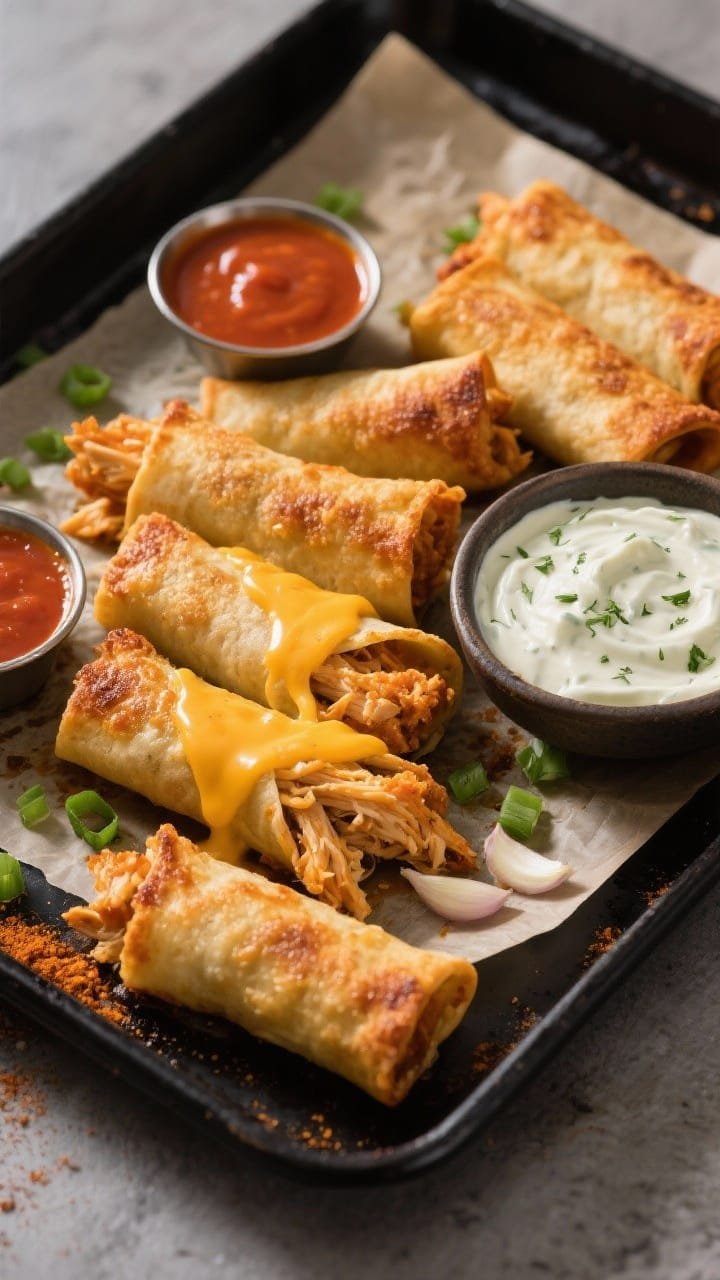 Overhead action shot of crispy baked Buffalo chicken taquitos just out of the oven: golden-brown rolled flour tortillas stuffed with shredded chicken, melted Monterey Jack/cheddar, and Buffalo sauce-butter mixture, edges blistered and crunchy. On the side, a bowl of cool ranch dip with flecks of herbs, plus ramekins of extra Buffalo sauce. Garnish with thinly sliced green onions and a sprinkle of garlic and onion powder on a matte black sheet pan lined with parchment; warm, stadium-snack vibe, high contrast lighting to emphasize crisp texture and gooey cheese pull.
