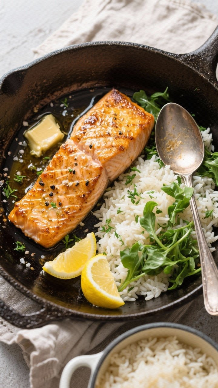 Overhead one-pan dinner composition: seared brown-butter salmon fillets (skin-on) with a nutty golden glaze, set beside fluffy herbed rice (basmati or jasmine) flecked with green herbs, and bright lemon-tossed greens. Visible components include olive oil, butter pooling slightly around salmon, kosher salt and black pepper speckles, lemon wedges nearby. Presented in a single large skillet and a small pot of rice, styled on a linen with a metal spoon, emphasizing contrast between caramelized salmon and fresh greens.