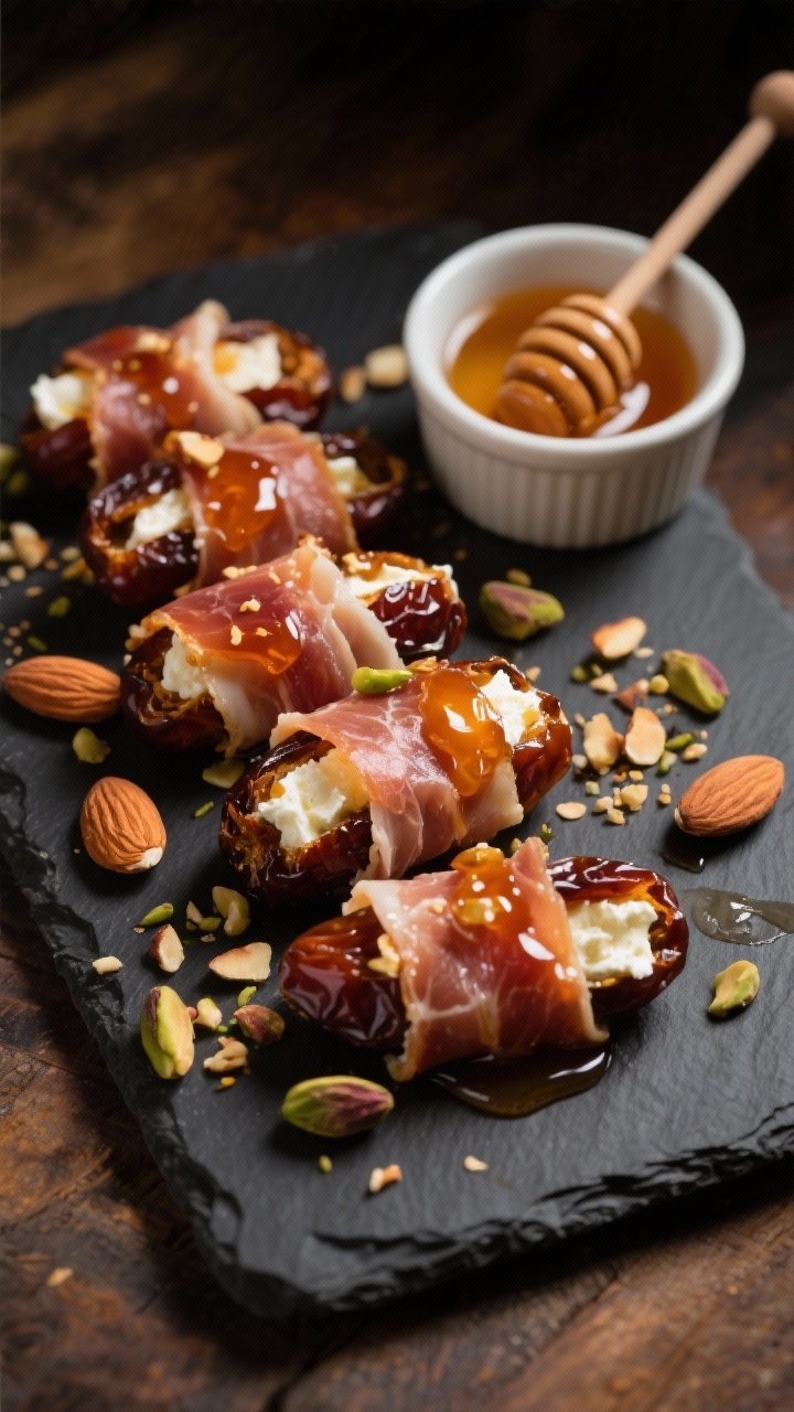 Overhead shot of a platter of crispy prosciutto-wrapped Medjool dates stuffed with soft goat cheese, drizzled with glossy hot honey “confetti” and sprinkled with chopped roasted almonds and pistachios for crunch; caramelized edges on the prosciutto, a small ramekin of hot honey with a honey dipper to the side, warm moody lighting on a dark slate board to emphasize sticky sheen and salty-sweet texture, no people.