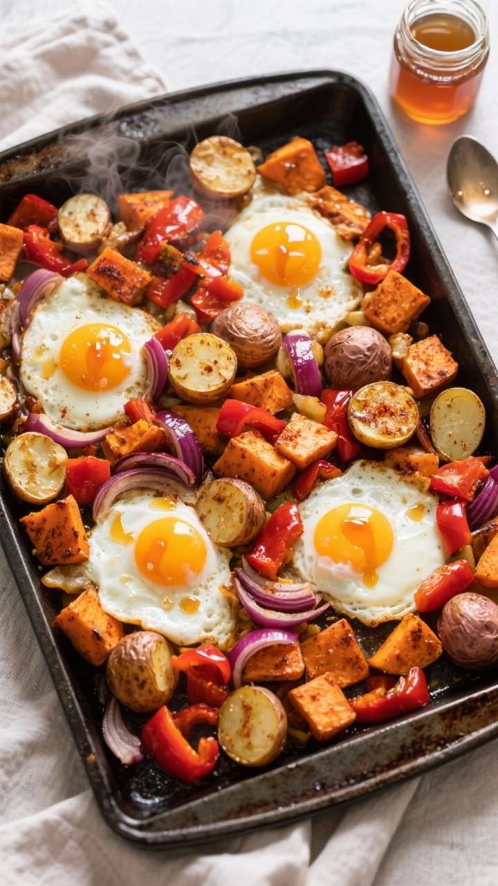 Overhead shot of a sunrise sheet-pan breakfast hash fresh from the oven: halved baby potatoes and cubed sweet potato with crispy edges, chopped red bell pepper, and sliced red onion roasted in olive oil and smoked paprika, four sunny-side-up eggs nestled among the veggies, finished with a glossy hot honey drizzle. Styled on a dark sheet pan over a light linen with a small jar of hot honey and a spoon, steam visible, vibrant oranges, reds, and golden browns, no people, professional lighting emphasizing caramelization.