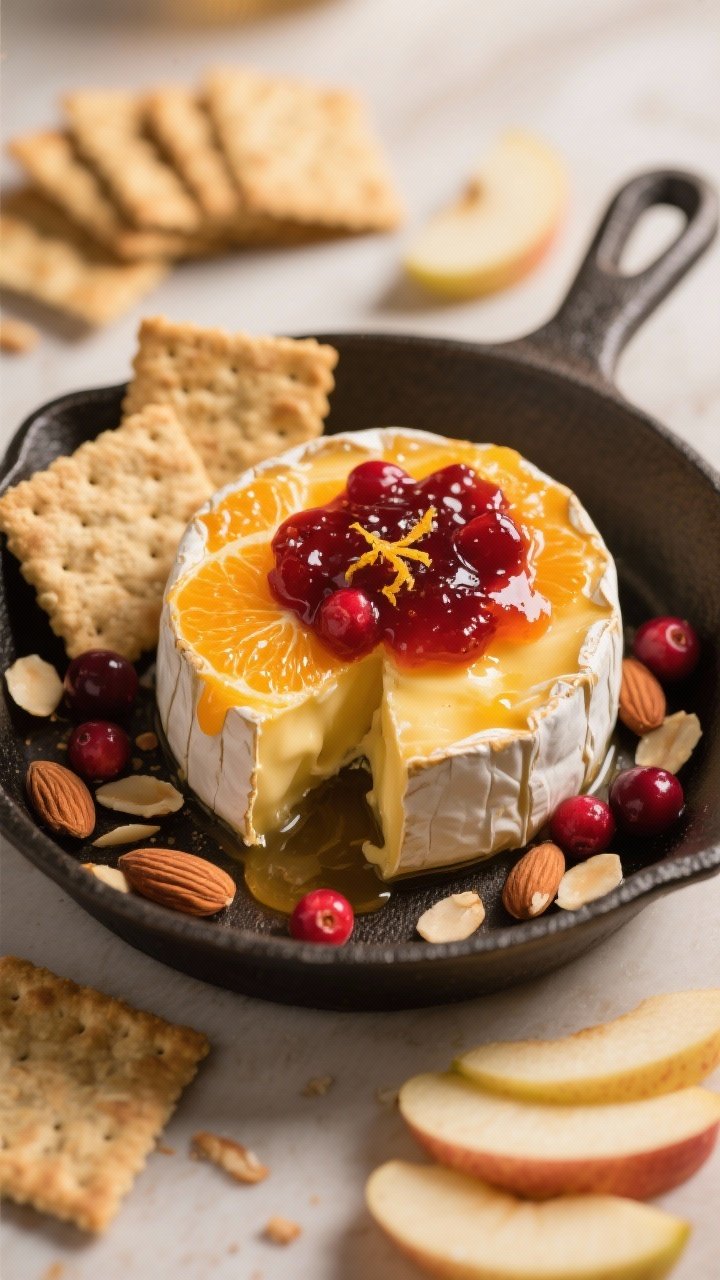 Overhead shot of bubbly baked brie on a small cast-iron skillet: the rind just split with molten cheese oozing, crowned with ruby cranberry-orange jam made from fresh cranberries, orange juice, and zest, lightly sweetened with sugar or honey and a hint of cinnamon; sprinkled with toasted sliced almonds for crunch, crackers and apple slices fanned around, warm golden light to capture gooey texture and jewel-toned jam.
