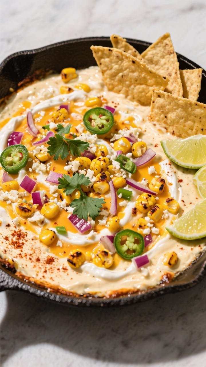 Overhead skillet shot of loaded street corn dip, elote-style and hot: creamy, bubbling dip with char-kissed corn kernels, finely chopped red onion and minced jalapeño throughout, speckled with chili powder and cotija crumbles, swirled with mayo/crema and melty cheese. Garnished with fresh cilantro and a squeeze of lime wedges on the side. Tortilla chips fanned around the skillet; bright, vibrant colors and a lightly charred corn surface for texture.
