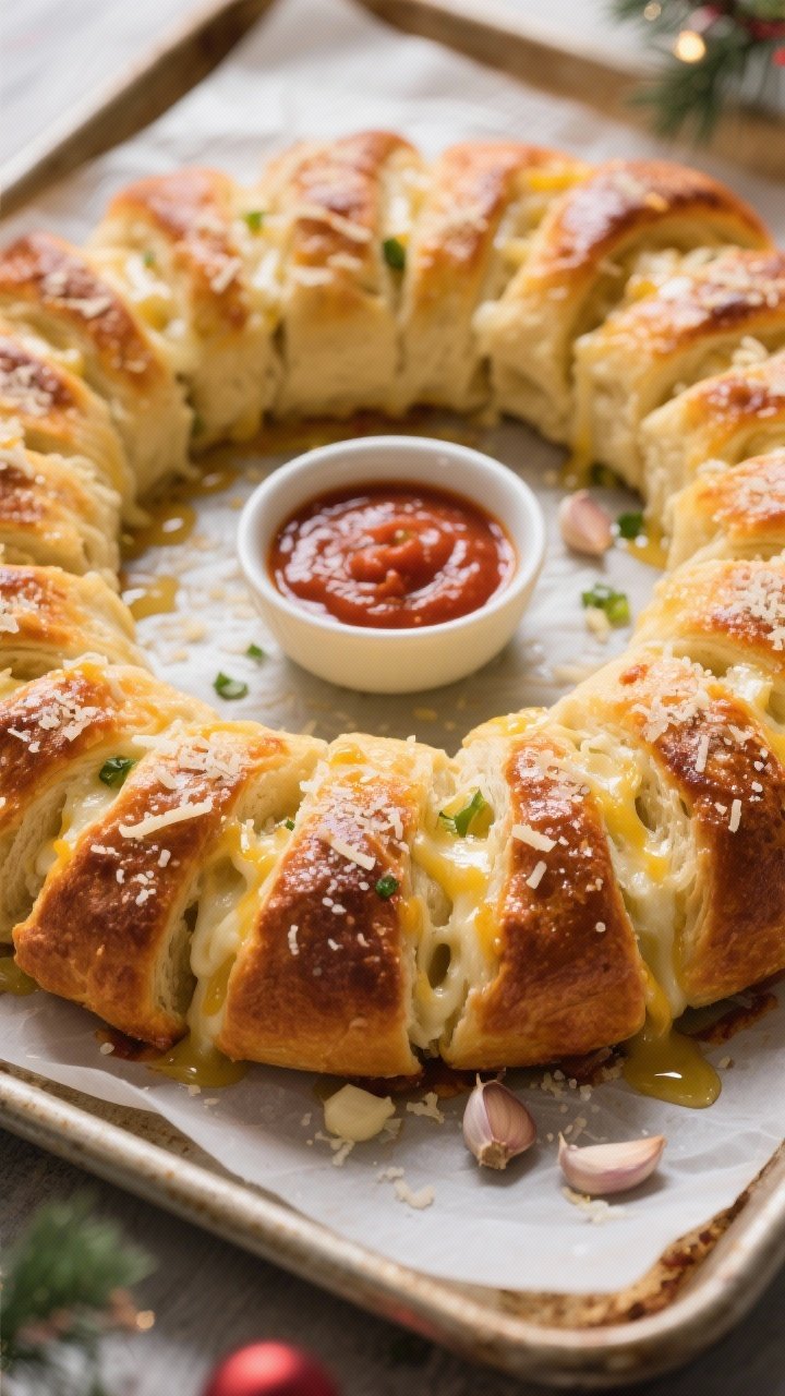 Straight-on hero shot of a cheesy pull-apart garlic bread wreath: golden-brown baked pieces made from refrigerated pizza or biscuit dough arranged in a ring, strings of melted low-moisture mozzarella and grated Parmesan visible between pieces, brushed with melted butter, olive oil, and chopped garlic; set on parchment over a baking sheet, small bowl of warm marinara dipping sauce in the center, cozy holiday ambiance with soft highlights on the glossy crust.