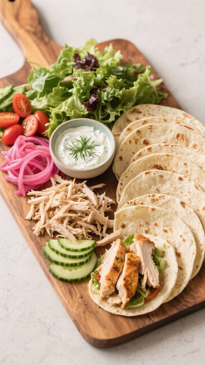 Straight-on plated lunch board scene: build-your-own roast chicken wraps with dilly yogurt and pickled onions. A large wooden board featuring piles of shredded roast/rotisserie chicken, a bowl of herby dill yogurt sauce, a dish of vibrant pink pickled onions, thinly sliced English cucumber, halved cherry tomatoes, and a mound of mixed greens/romaine. Warm tortillas/lavash stacked at one side. Fresh, casual vibe with tidy organization, no hands, clean neutral backdrop, ingredients crisp and colorful.