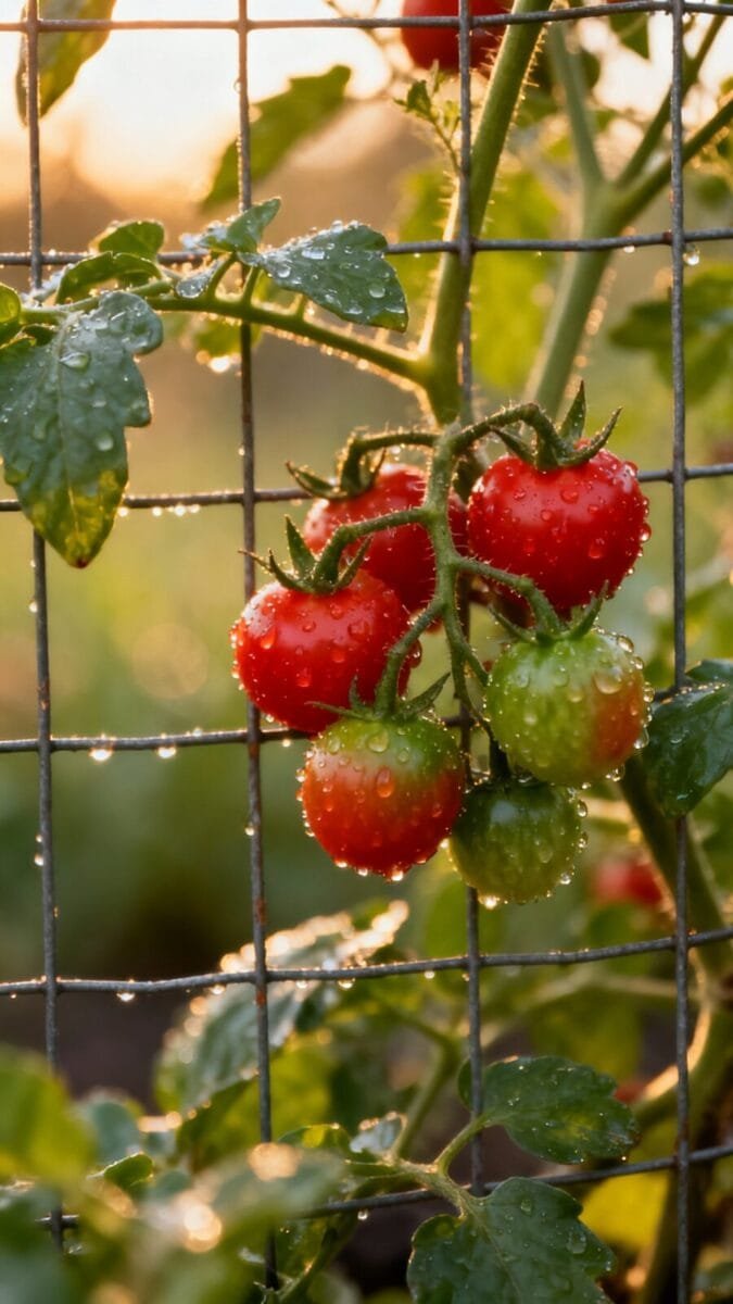 Cherry tomato plant in wire cage, dewdrops, ripening clusters, close shot