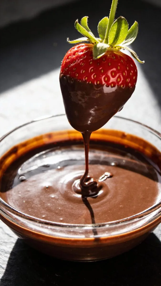 Close-up detail: A freshly dipped chocolate-covered strawberry held by its green leaves over a gloss