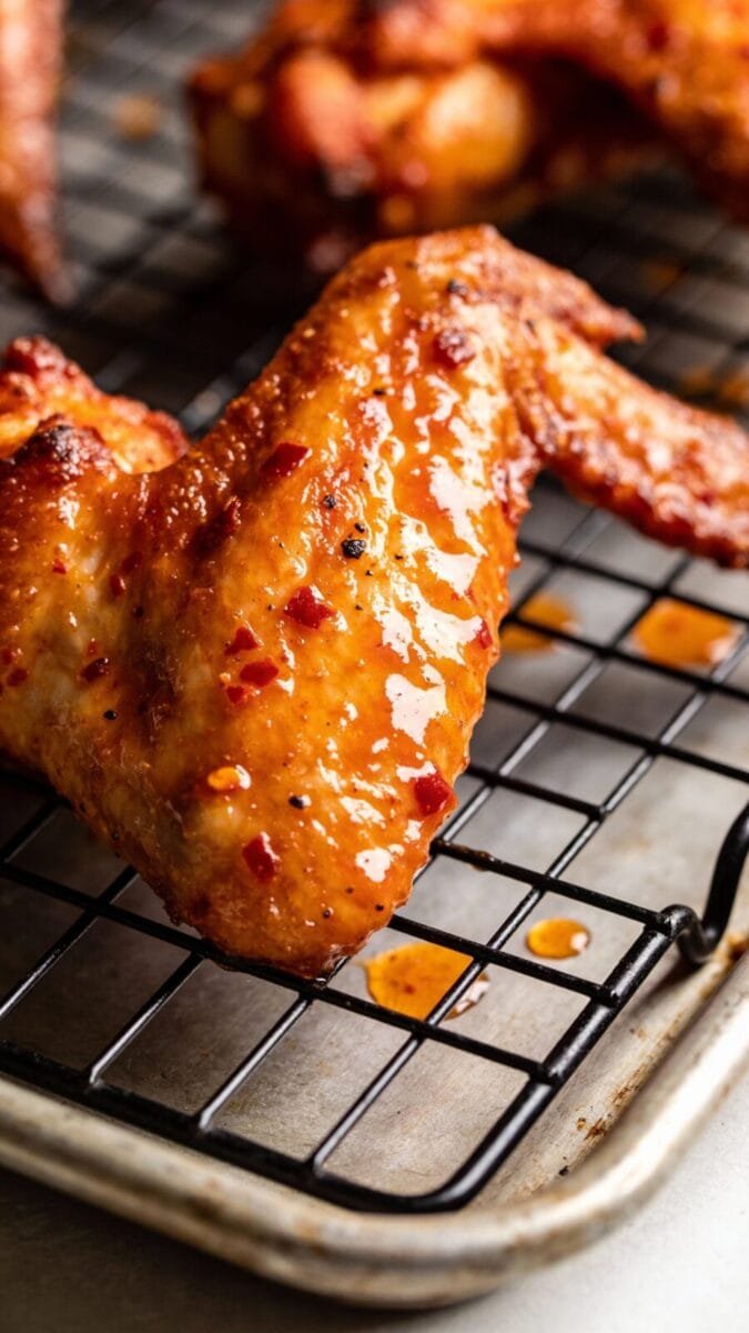 Close-up detail: Ultra-crisp baked buffalo chicken wing fresh from the oven, showing blistered, gold
