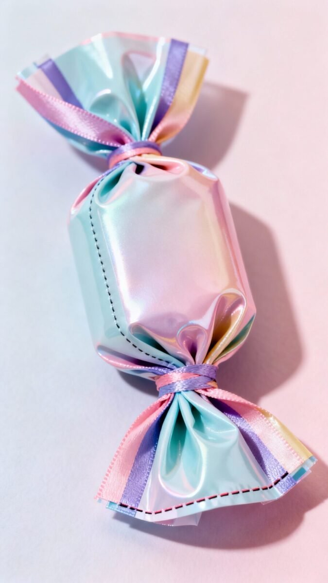 Closeup candy-wrapper style gift, twisted ends, double ribbons, label seam