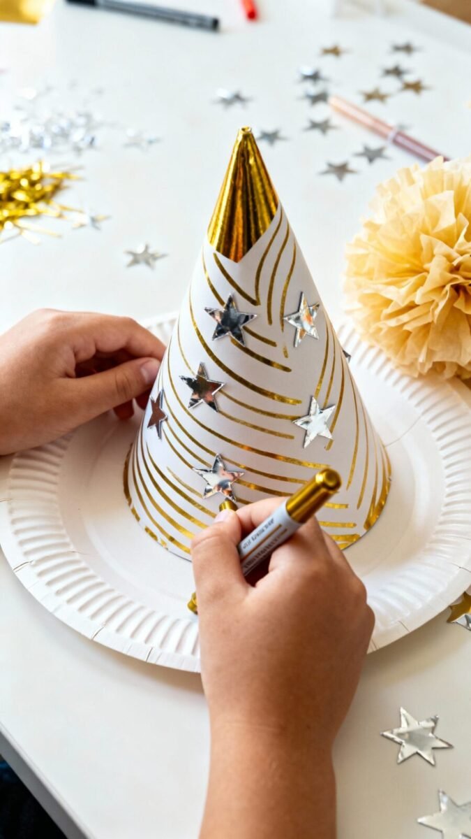 Closeup child hands making paper plate party hat, metallic markers, foil star stickers, tissue pom-p