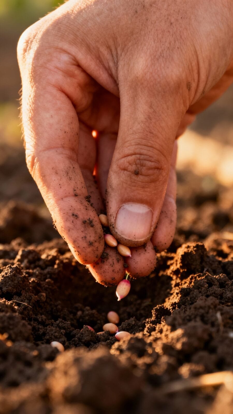 Closeup hands sowing radish seeds, dark soil, morning light
