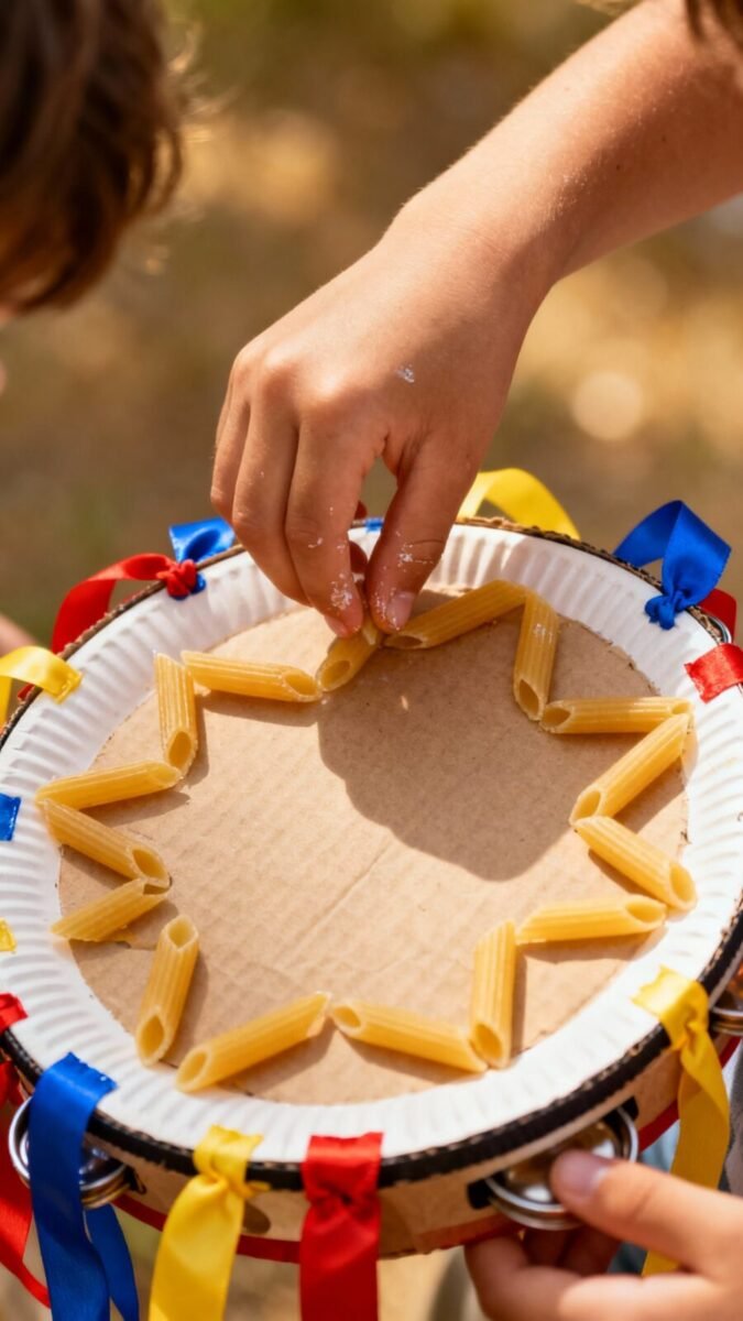 Closeup kids’ hands decorating paper plate tambourine, ribbon, pasta