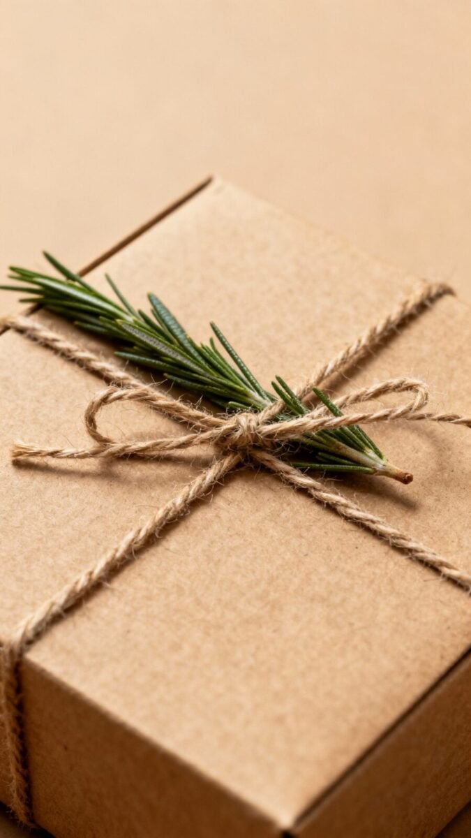 Closeup kraft-wrapped box, twine crisscross, rosemary sprig, matte texture
