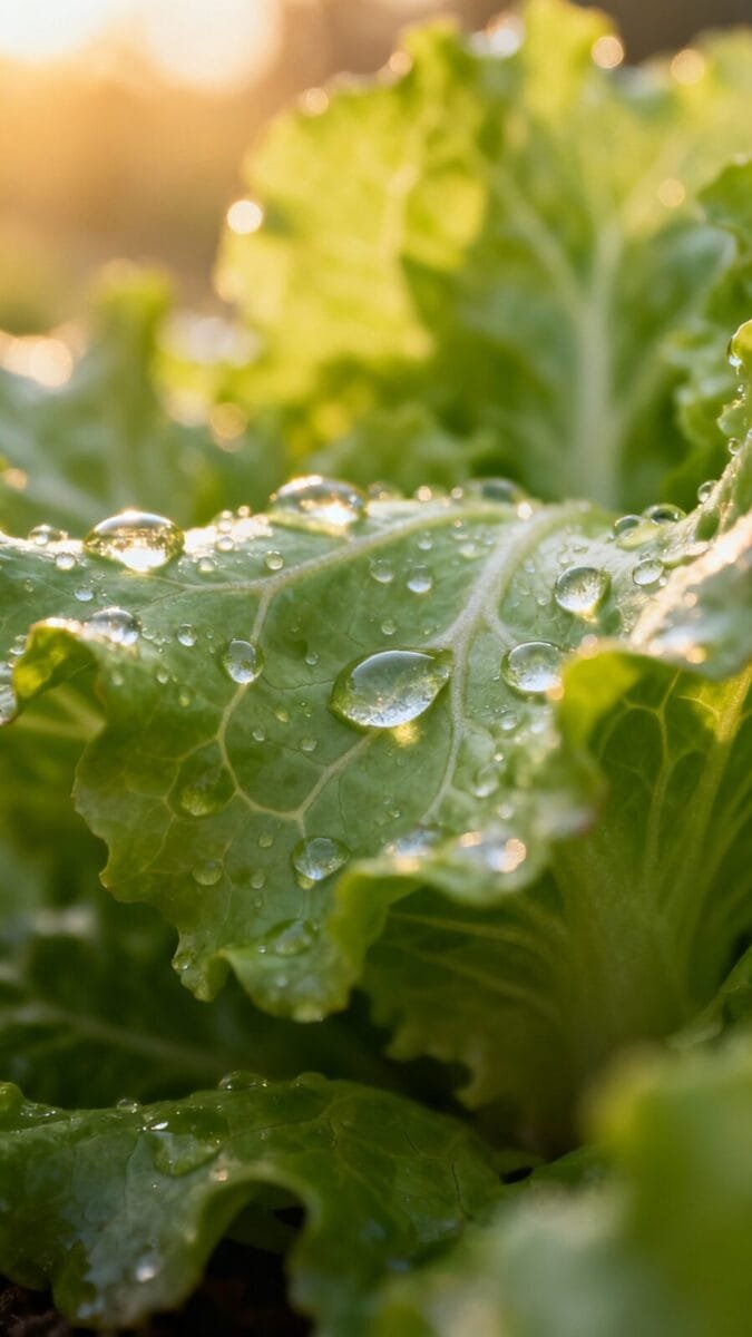 Closeup of dew on lettuce leaves in morning sun
